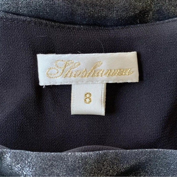 Shoshanna Silk Draped Shimmer Cocktail Mini Dress Metallic Gray Black Size 8 - Picture 7 of 8